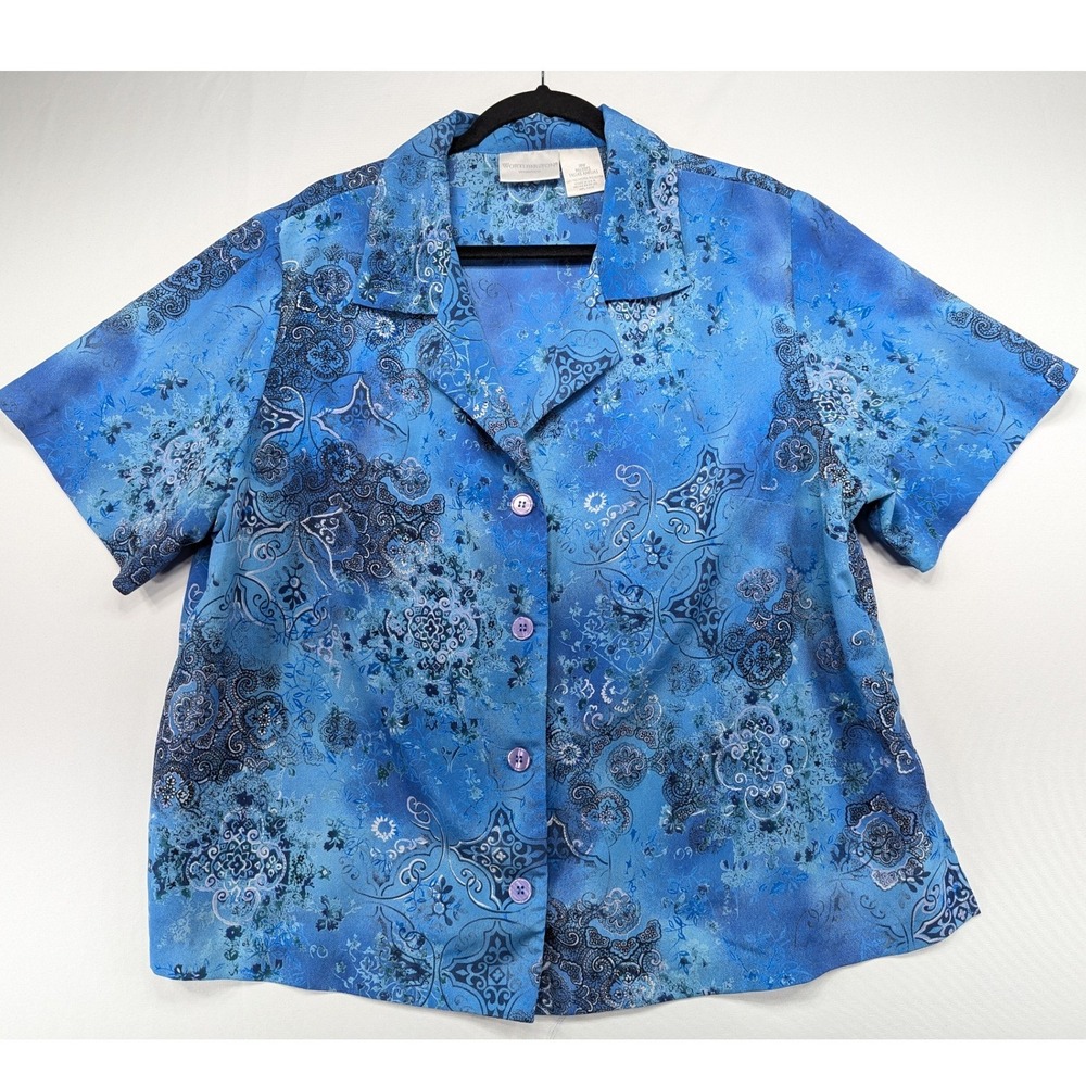 Worthington Woman Blue Paisley Medallion Short Sleeve Button Down Blouse‎ 18W